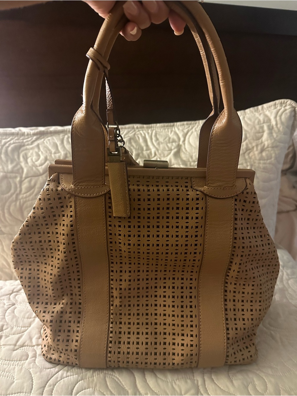 Tan Perforated Leather Tote Bag